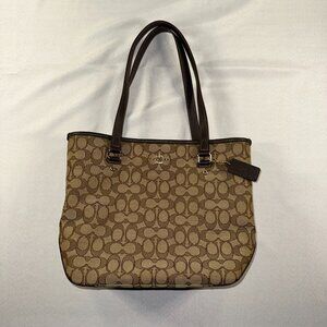 COACH SIGNATURE WOMENS KHAKI JACQUARD LEATHER TRIM ZIP TOP TOTE HANDBAG F58282